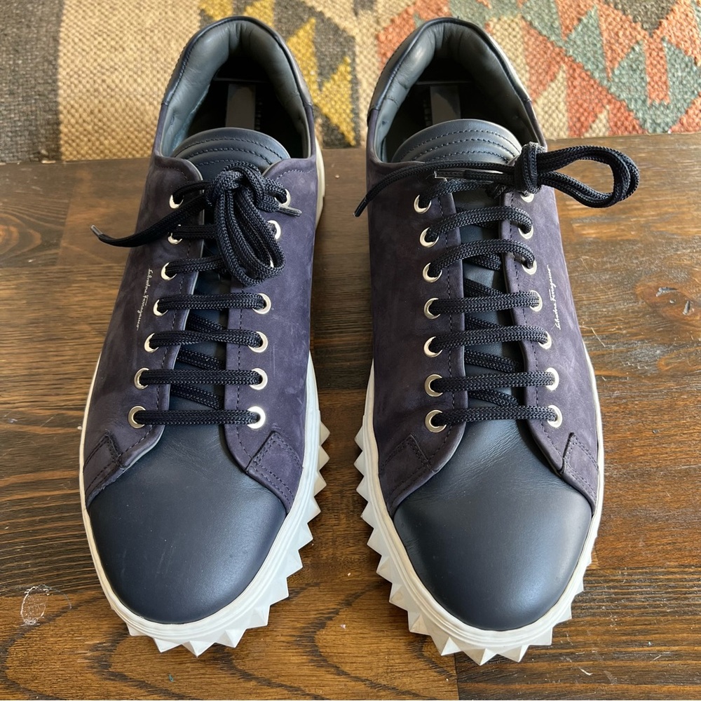 Salvatore Ferragamo $895 Cube Suede & Leather Low-Top Sneakers Navy - Picture 4 of 14